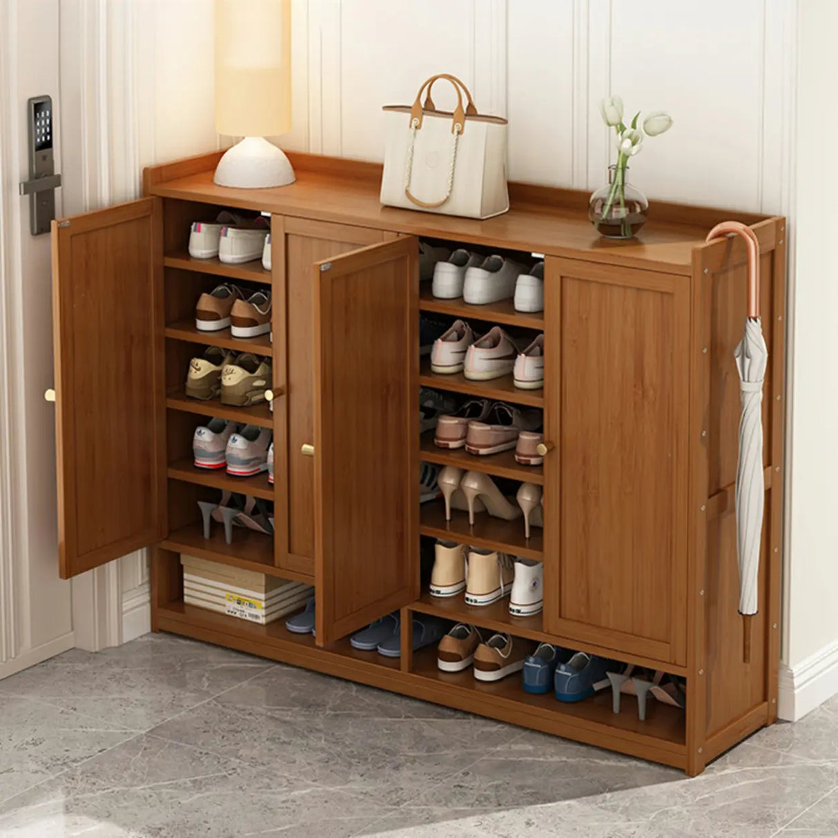 Bohemian Bamboo Hallway Brown Medium Shoe Storage Cabinet Image - 3