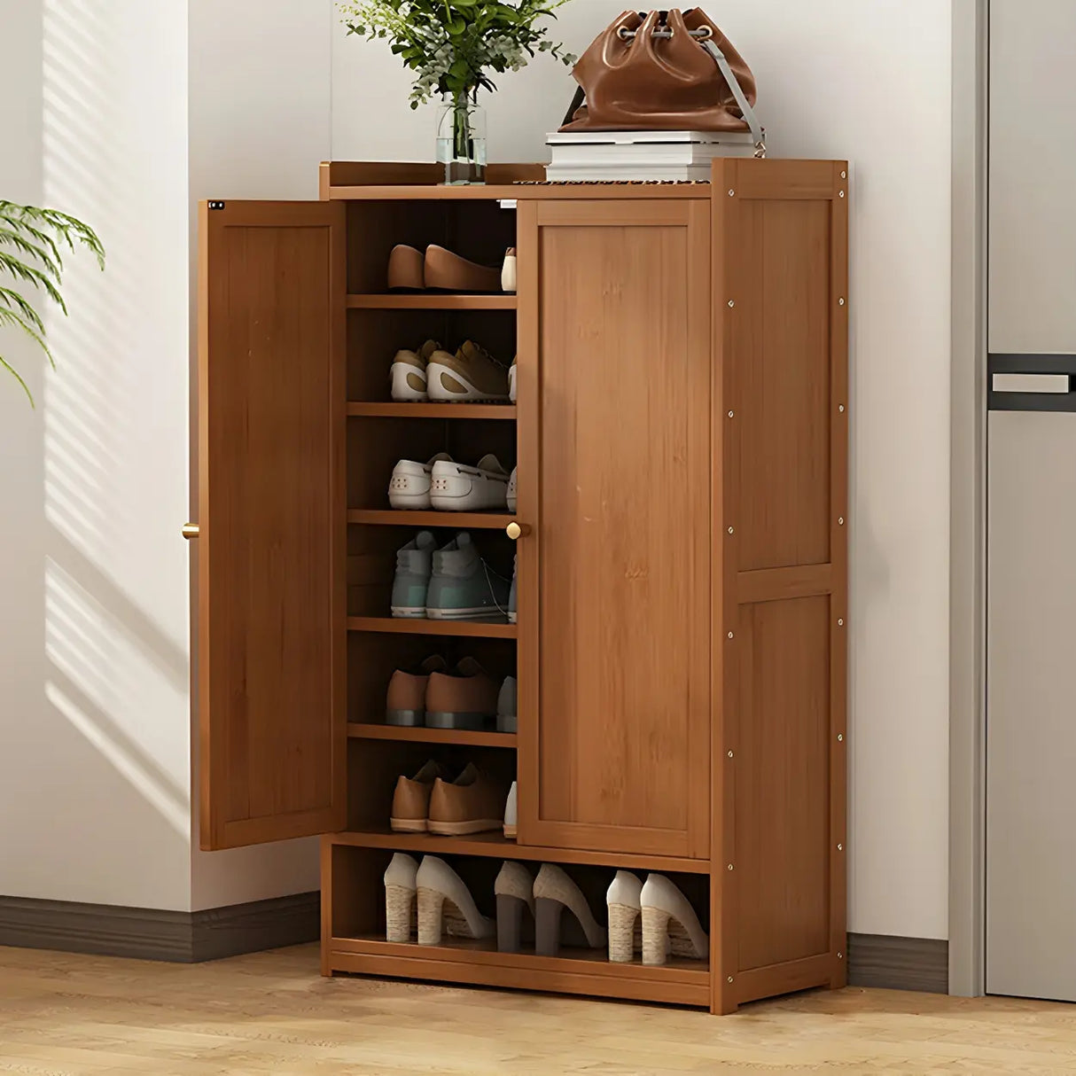 Bohemian Bamboo Hallway Brown Medium Shoe Storage Cabinet Image - 4