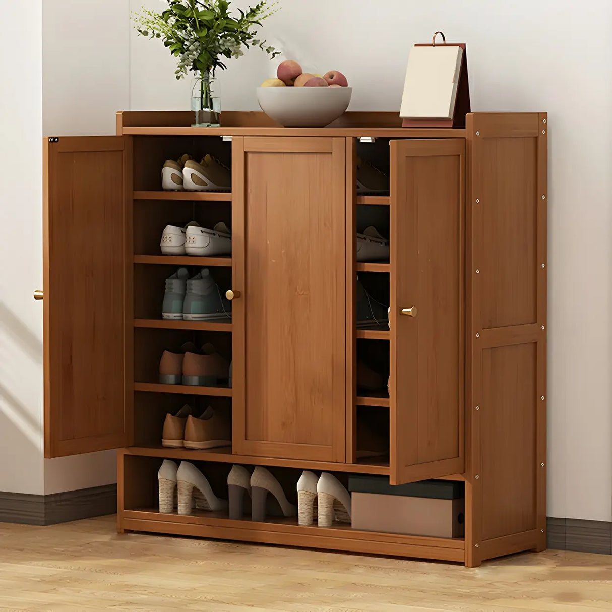 Bohemian Bamboo Hallway Brown Medium Shoe Storage Cabinet Image - 6