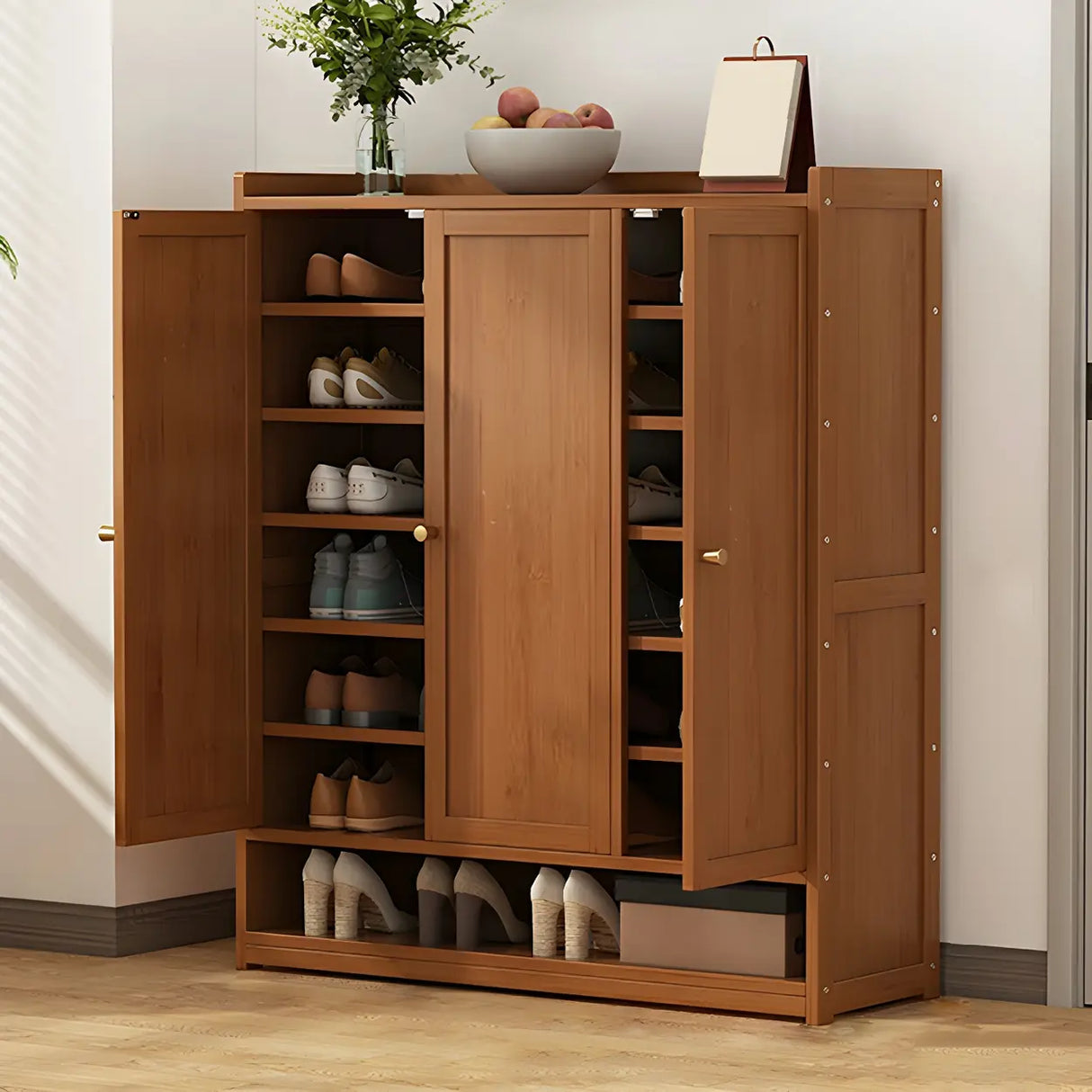 Bohemian Bamboo Hallway Brown Medium Shoe Storage Cabinet Image - 7