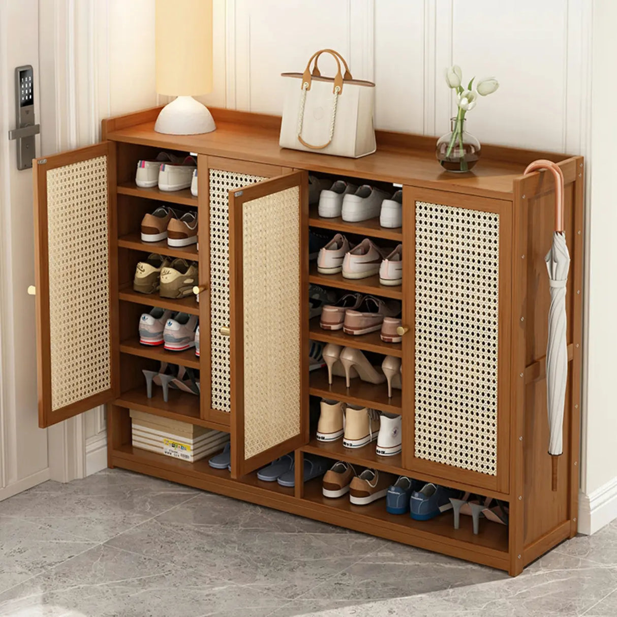 Bohemian Bamboo Hallway Brown Medium Shoe Storage Cabinet Image - 8