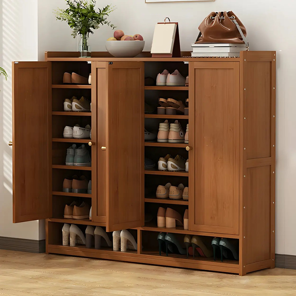 Bohemian Bamboo Hallway Brown Medium Shoe Storage Cabinet Image - 9
