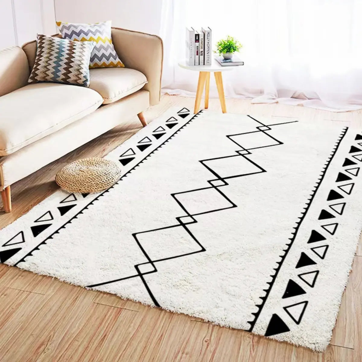 Bohemian Graphic Print Rectangle Wool White Area Rug Image - 3