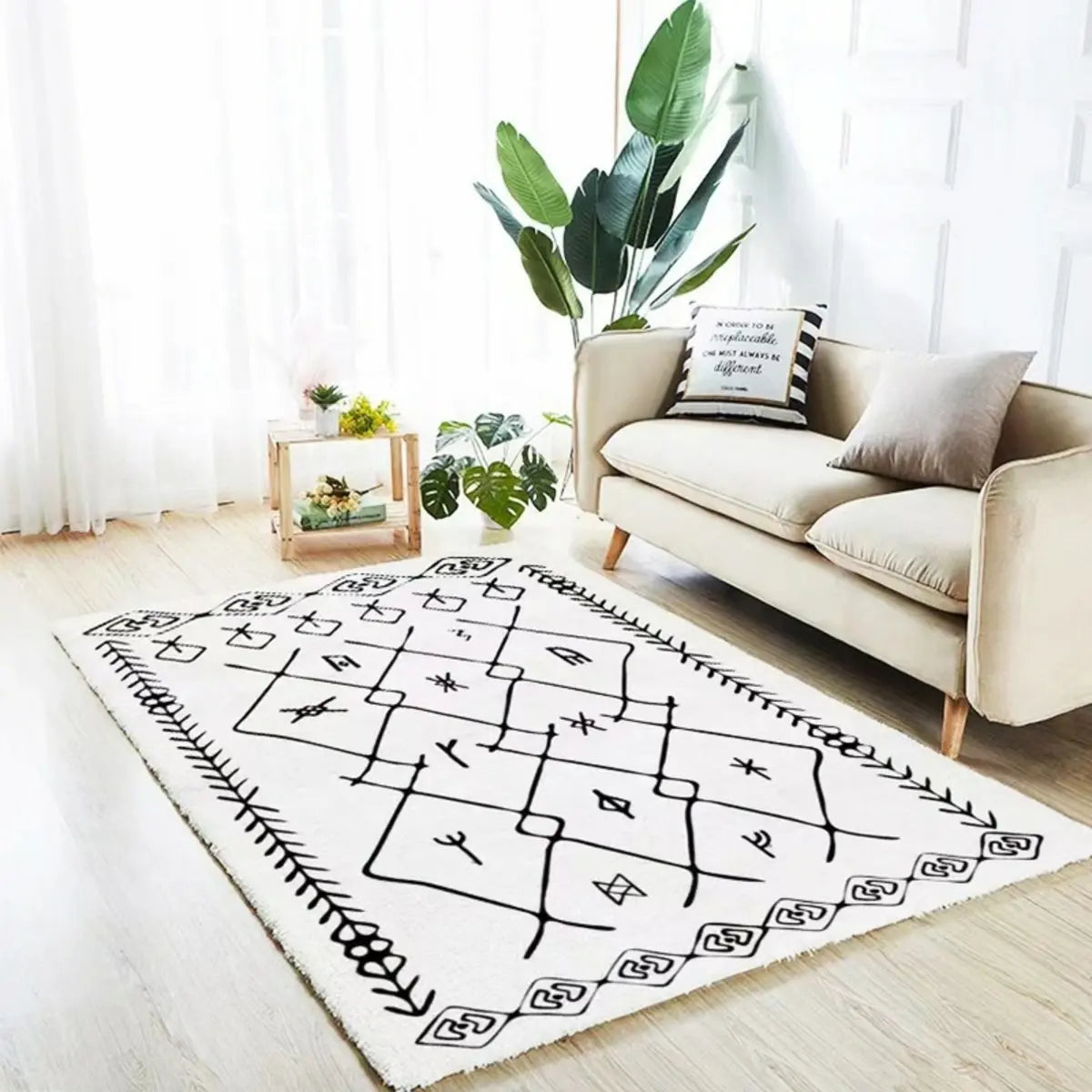 Bohemian Graphic Print Rectangle Wool White Area Rug Image - 6