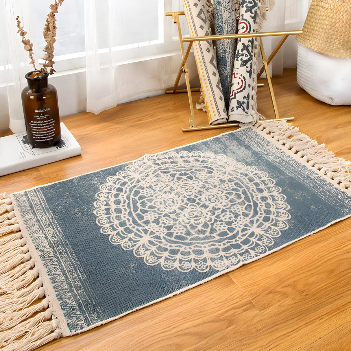 Bohemian Medallion Cotton Rectangle Fringe Area Rug Image - 1