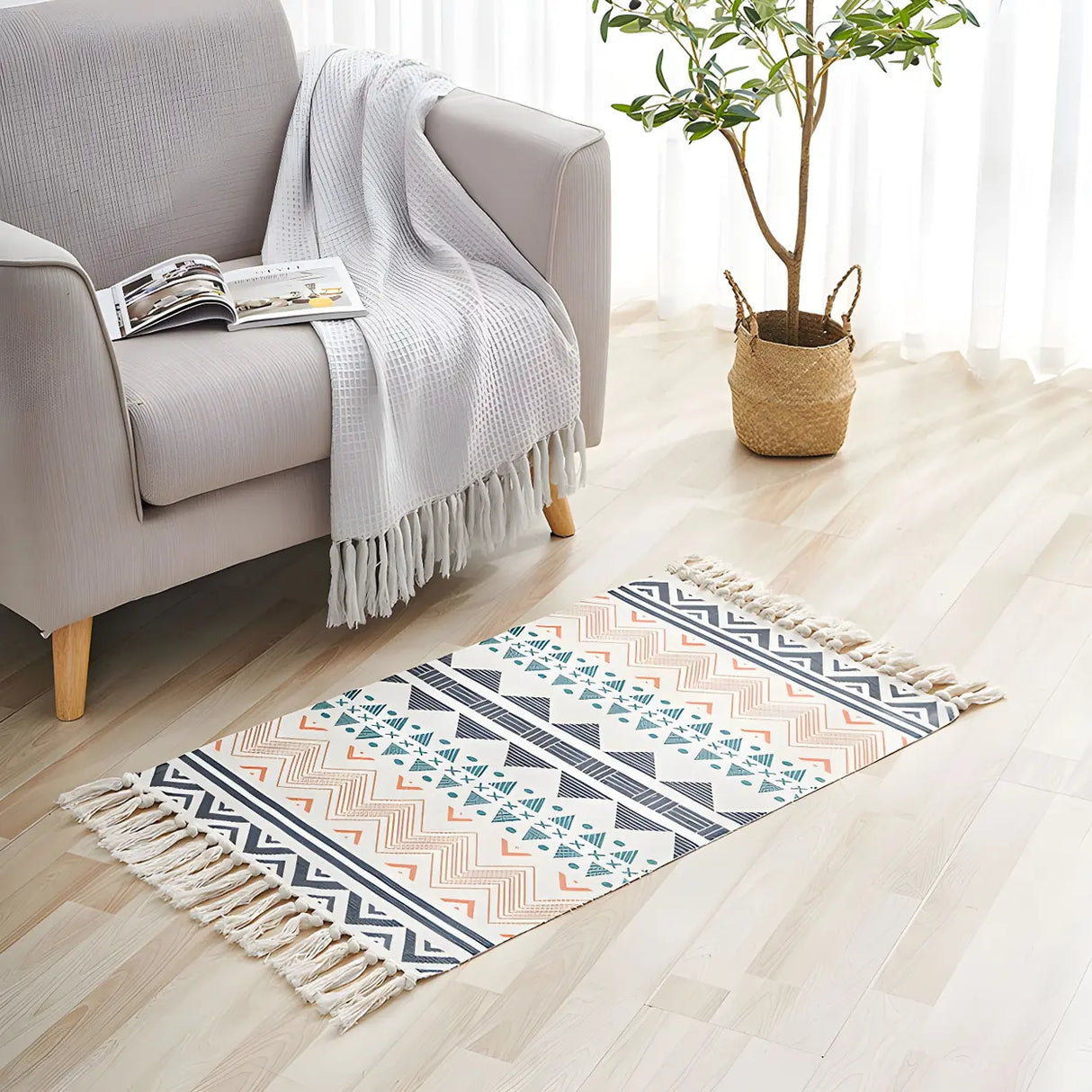 Bohemian Medallion Cotton Rectangle Fringe Area Rug Image - 10
