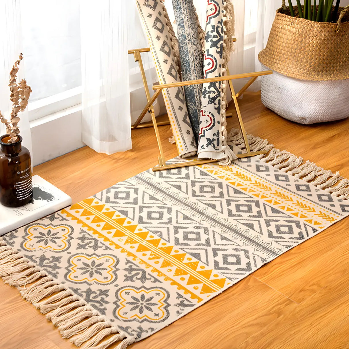 Bohemian Medallion Cotton Rectangle Fringe Area Rug Image - 3