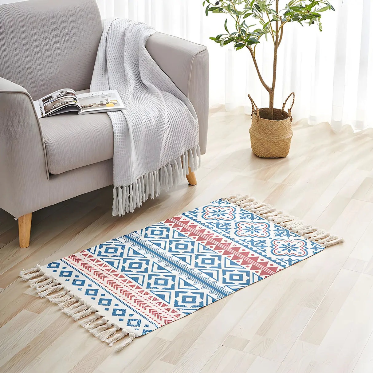 Bohemian Medallion Cotton Rectangle Fringe Area Rug Image - 9