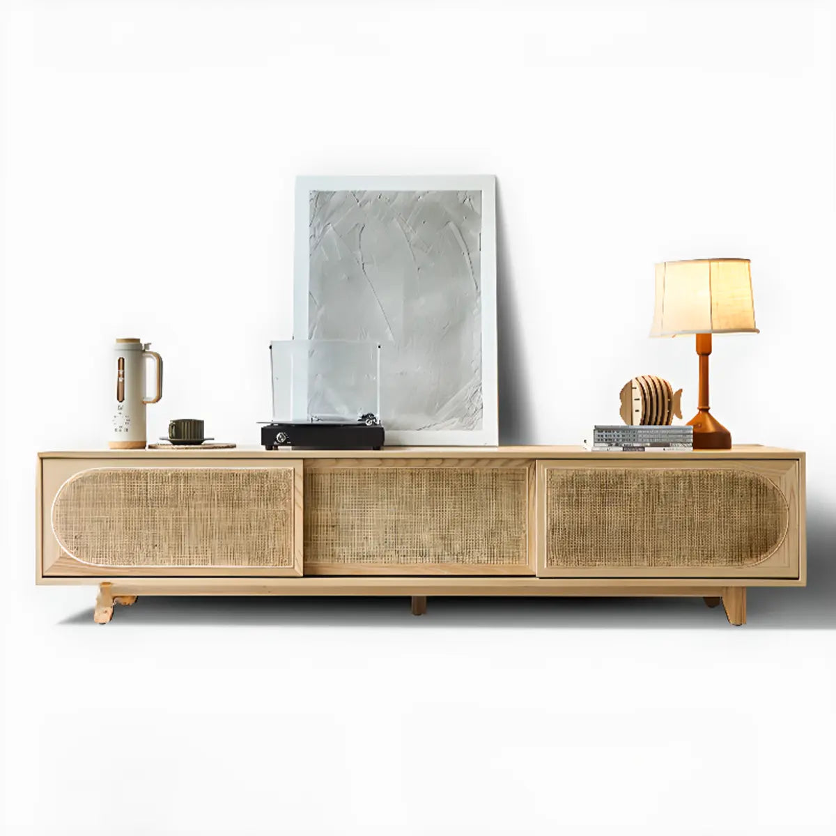 Bohemian Natural Finish Wood TV Stand with Cabinet Image - 14