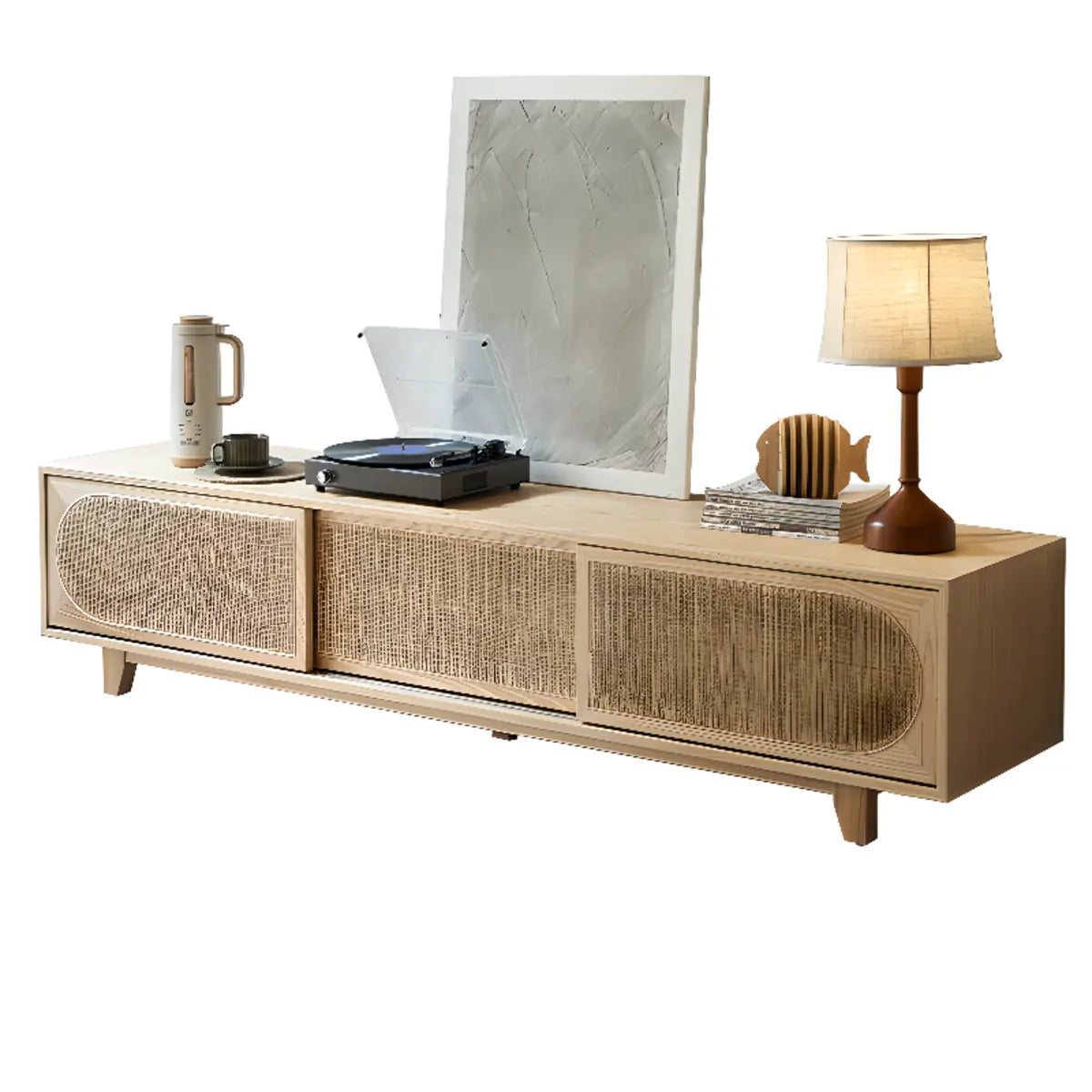 Bohemian Natural Finish Wood TV Stand with Cabinet Image - 3