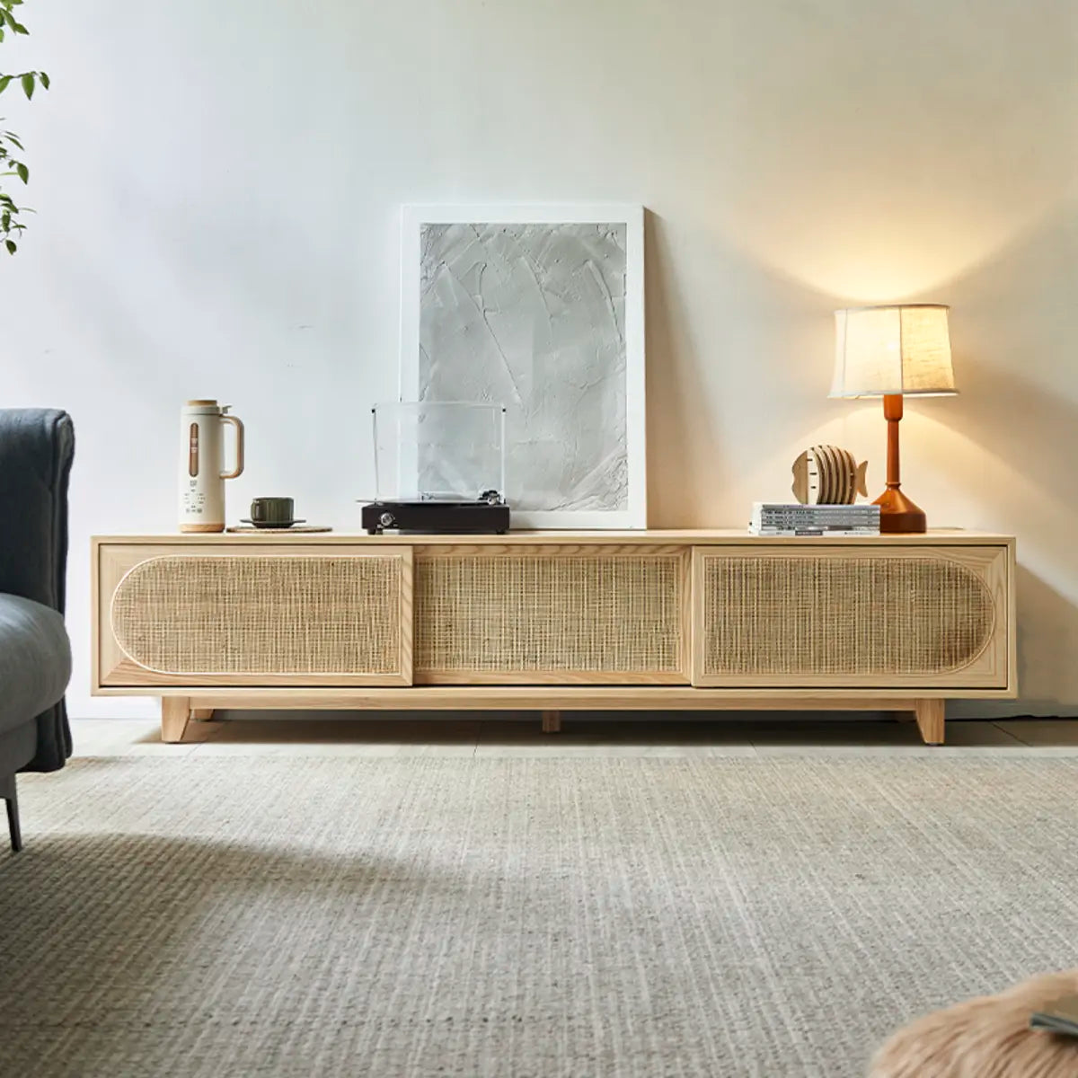 Bohemian Natural Finish Wood TV Stand with Cabinet Image - 4