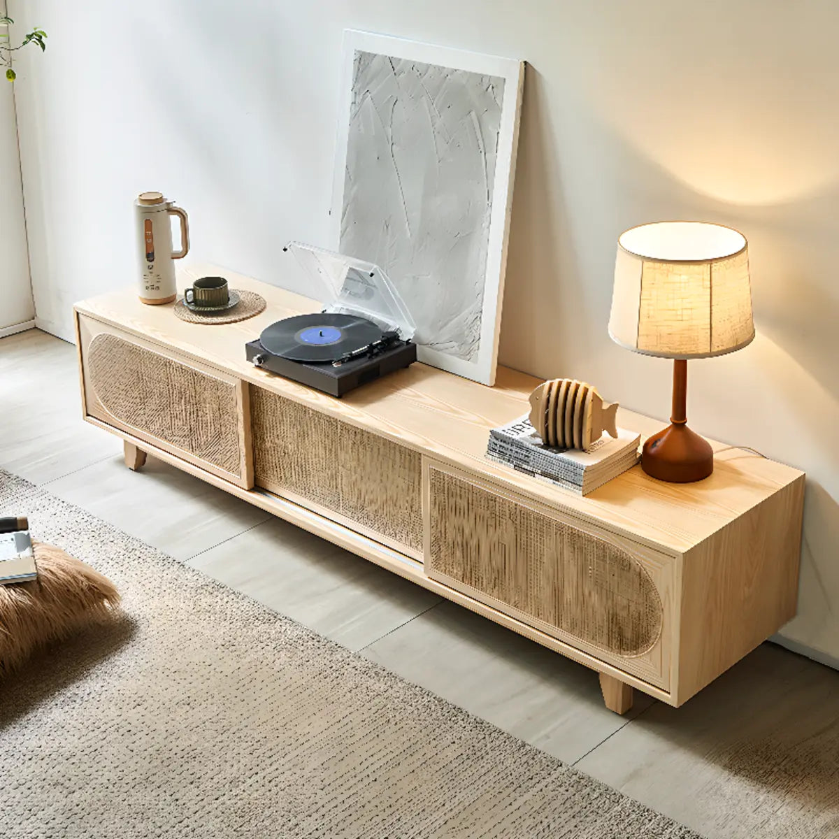 Bohemian Natural Finish Wood TV Stand with Cabinet Image - 5