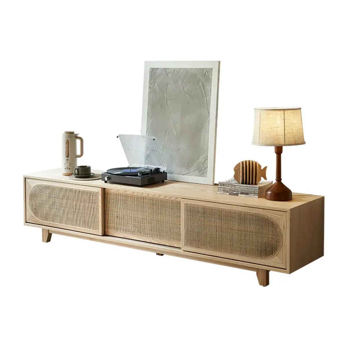 Bohemian Natural Finish Wood TV Stand with Cabinet Image - 7