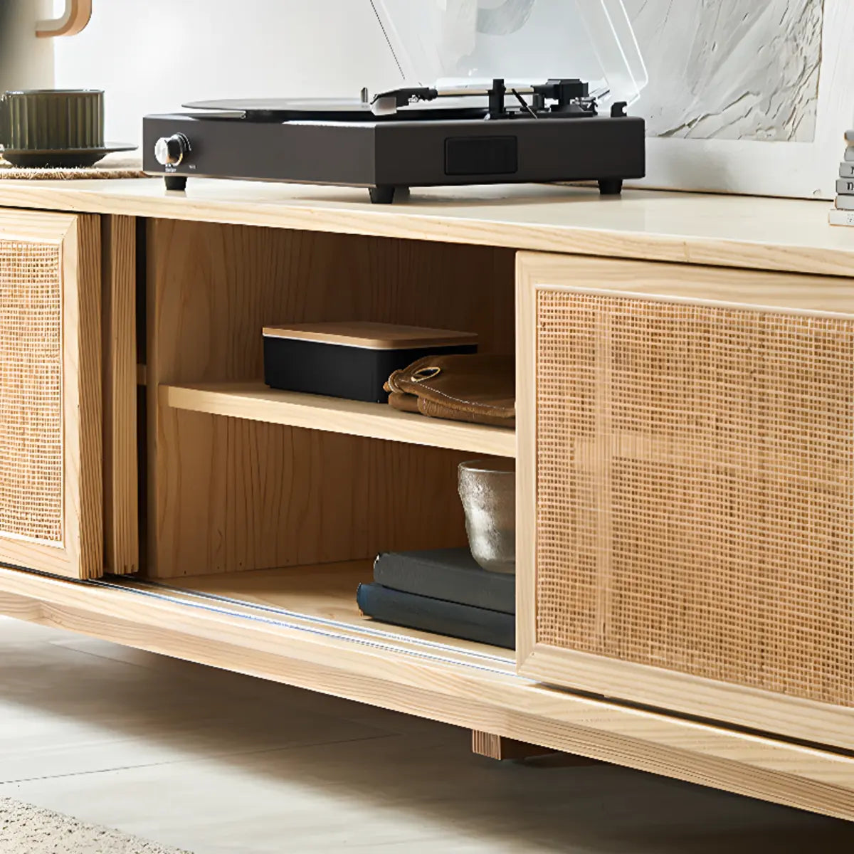 Bohemian Natural Finish Wood TV Stand with Cabinet Image - 9