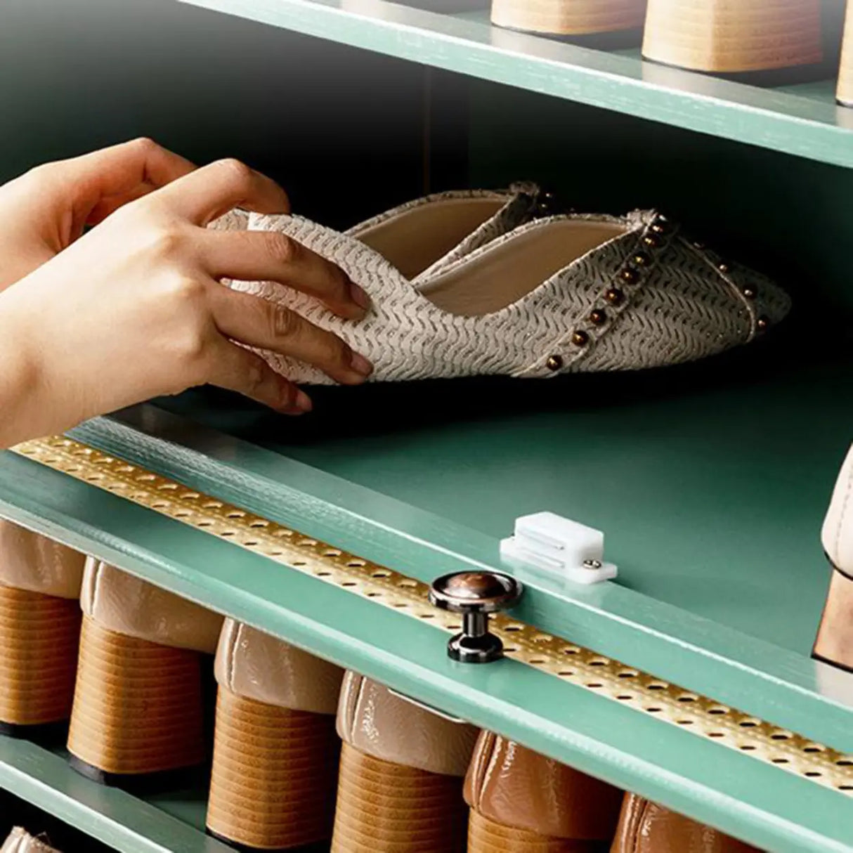 Bohemian Rattan Metal Entryway Green Drop Front Shoe Storage Image - 11