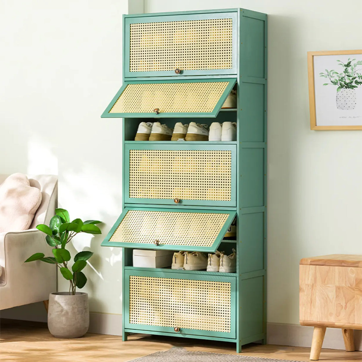Bohemian Rattan Metal Entryway Green Drop Front Shoe Storage Image - 16