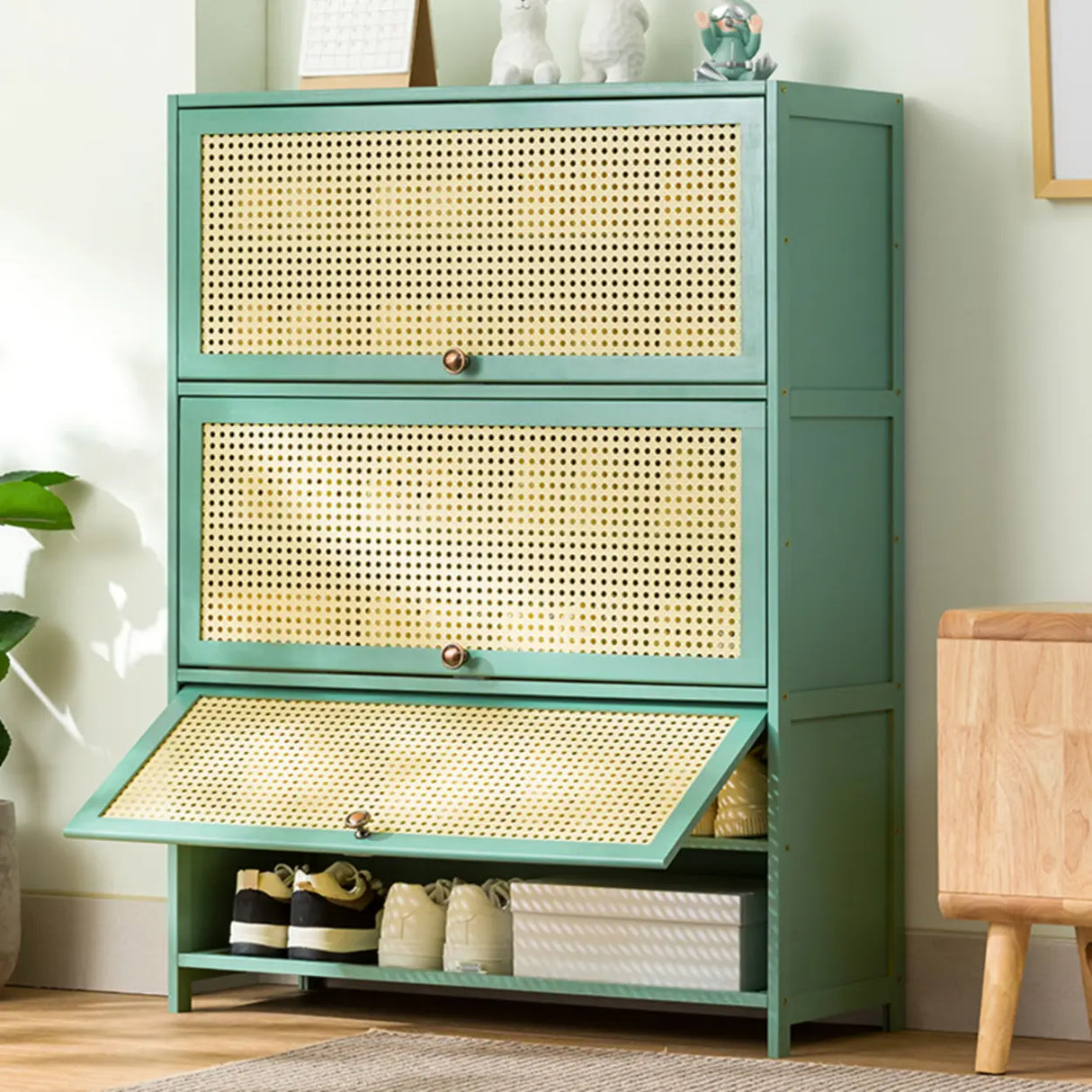 Bohemian Rattan Metal Entryway Green Drop Front Shoe Storage Image - 20