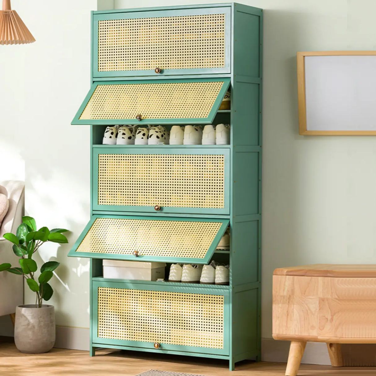 Bohemian Rattan Metal Entryway Green Drop Front Shoe Storage Image - 23