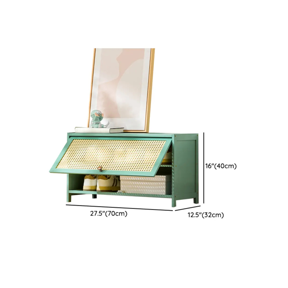 Bohemian Rattan Metal Entryway Green Drop Front Shoe Storage Image - 25