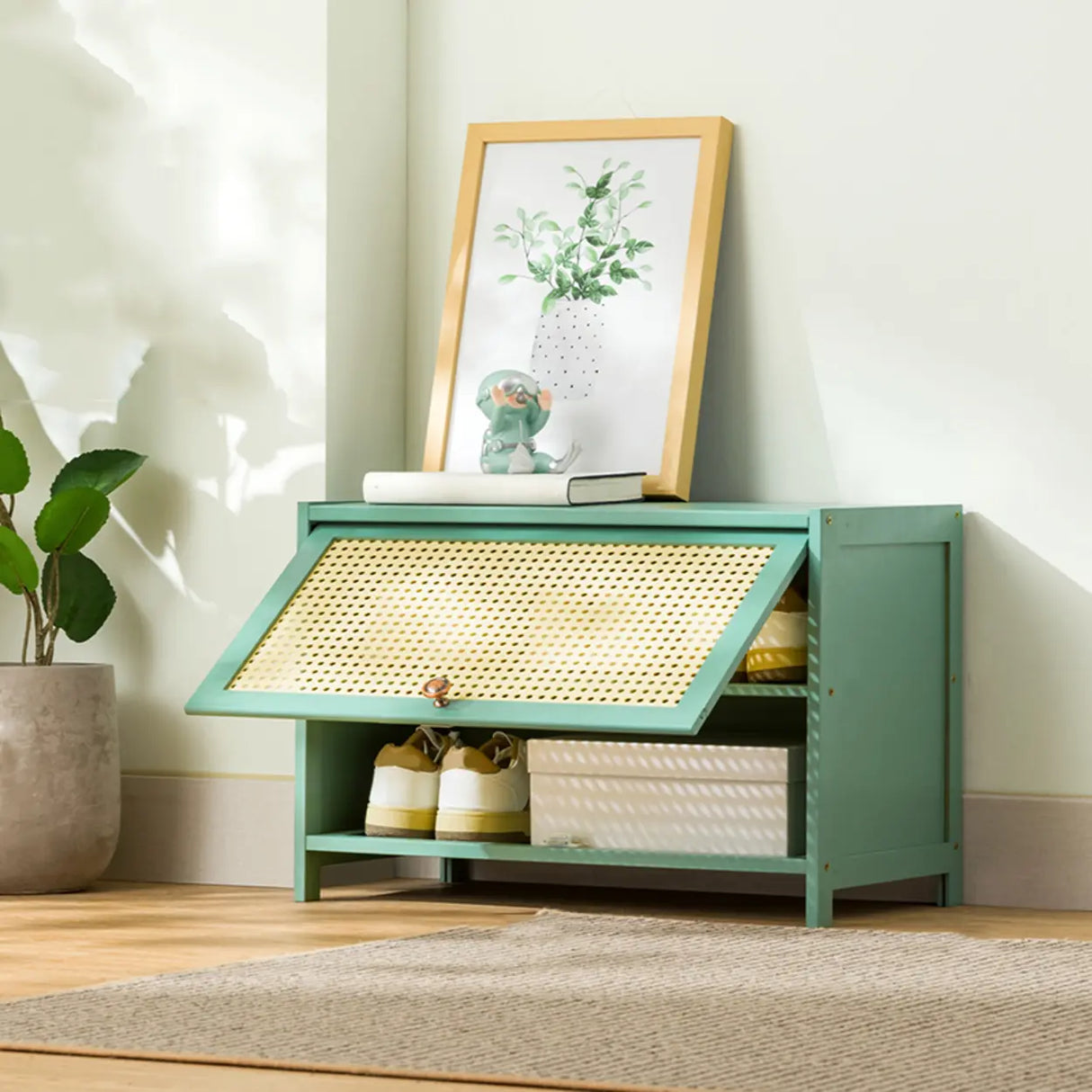 Bohemian Rattan Metal Entryway Green Drop Front Shoe Storage Image - 2