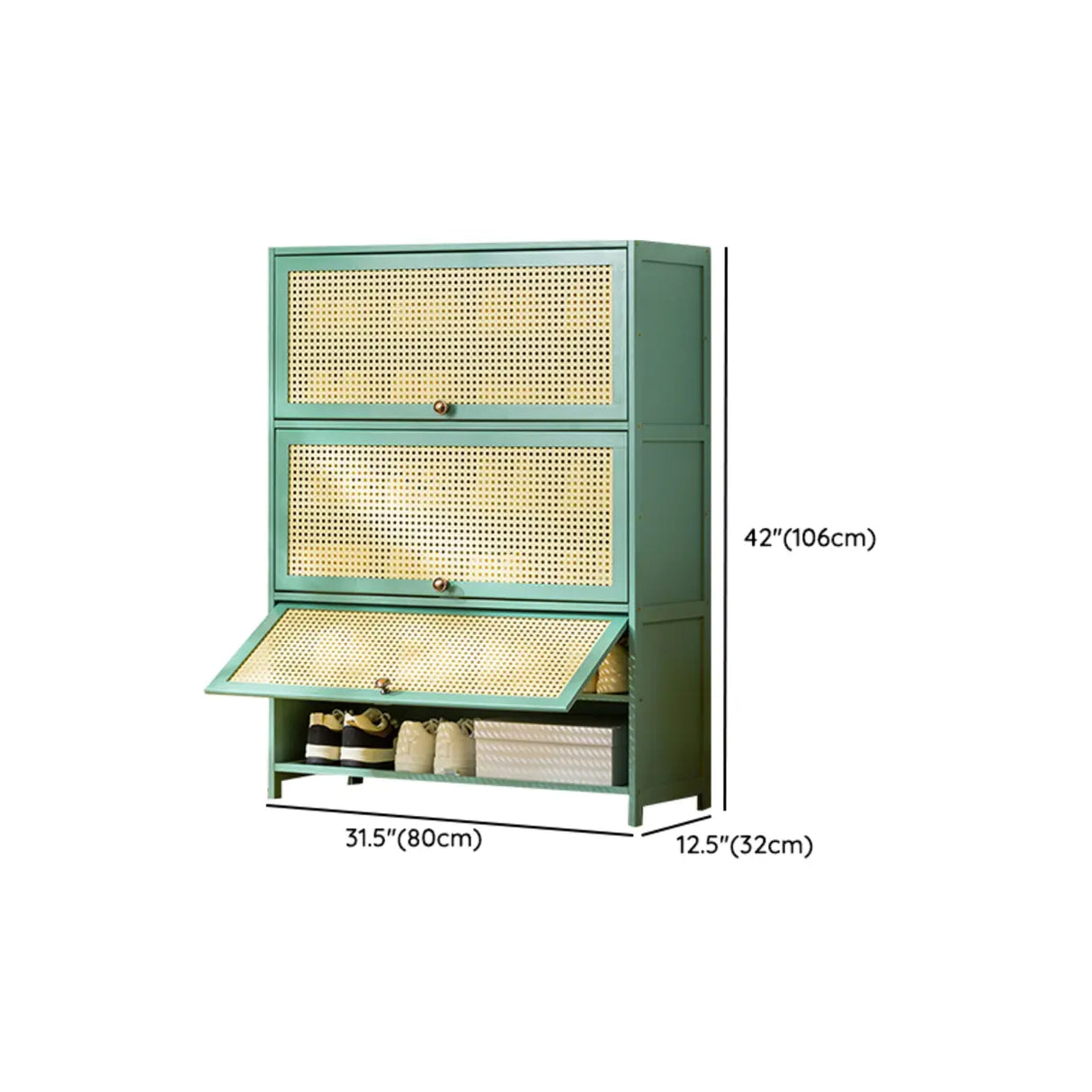 Bohemian Rattan Metal Entryway Green Drop Front Shoe Storage Image - 32