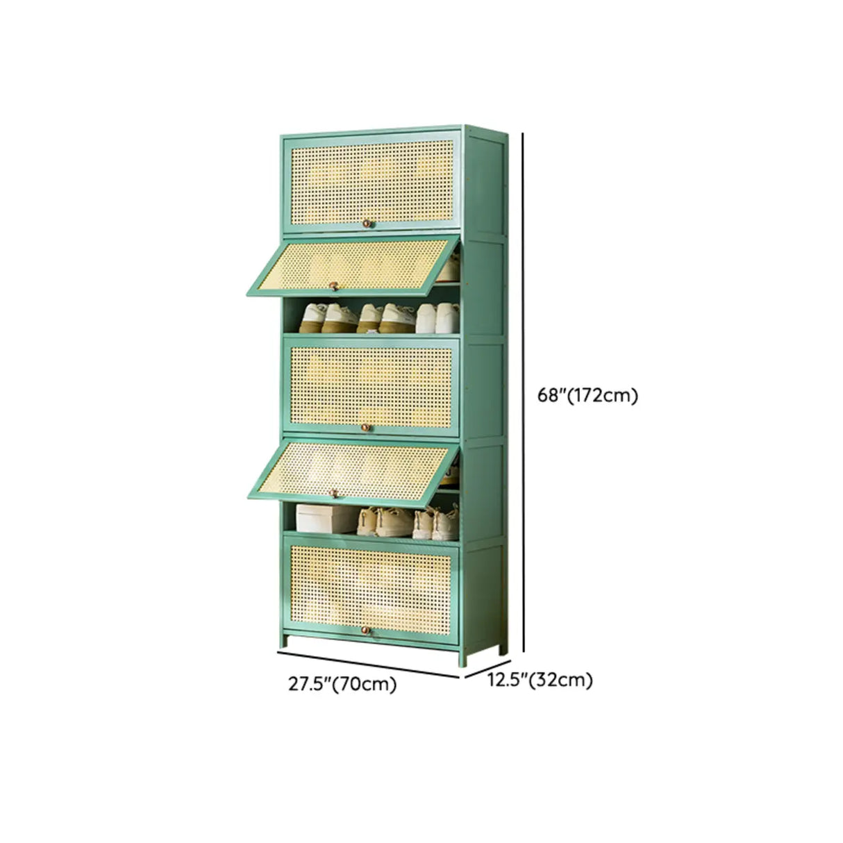 Bohemian Rattan Metal Entryway Green Drop Front Shoe Storage Image - 37