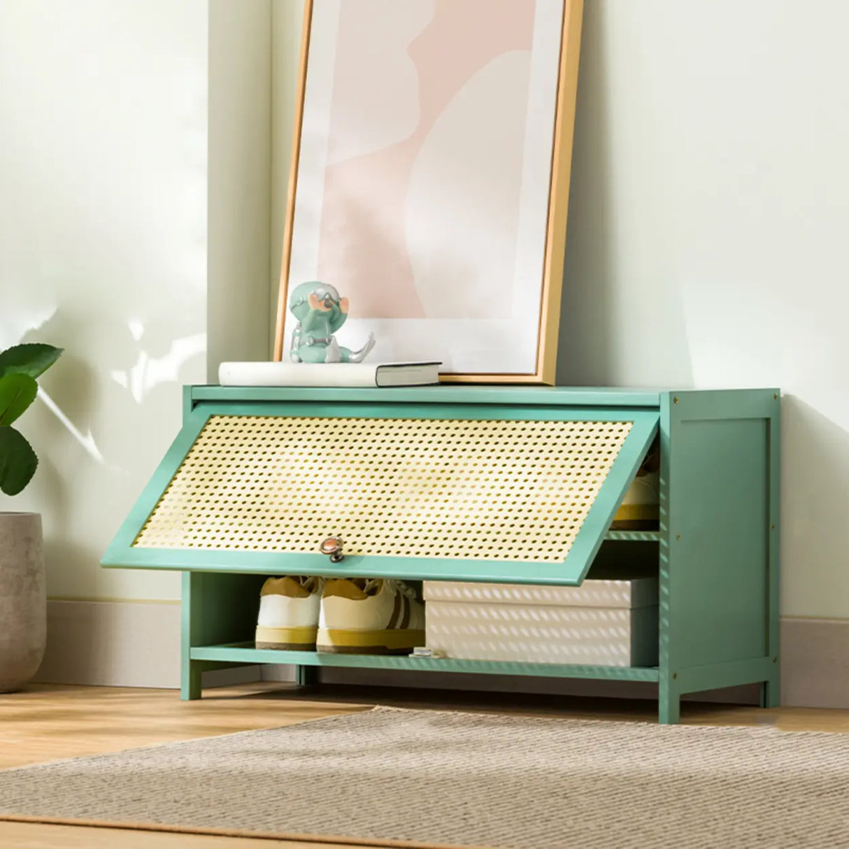 Bohemian Rattan Metal Entryway Green Drop Front Shoe Storage Image - 4