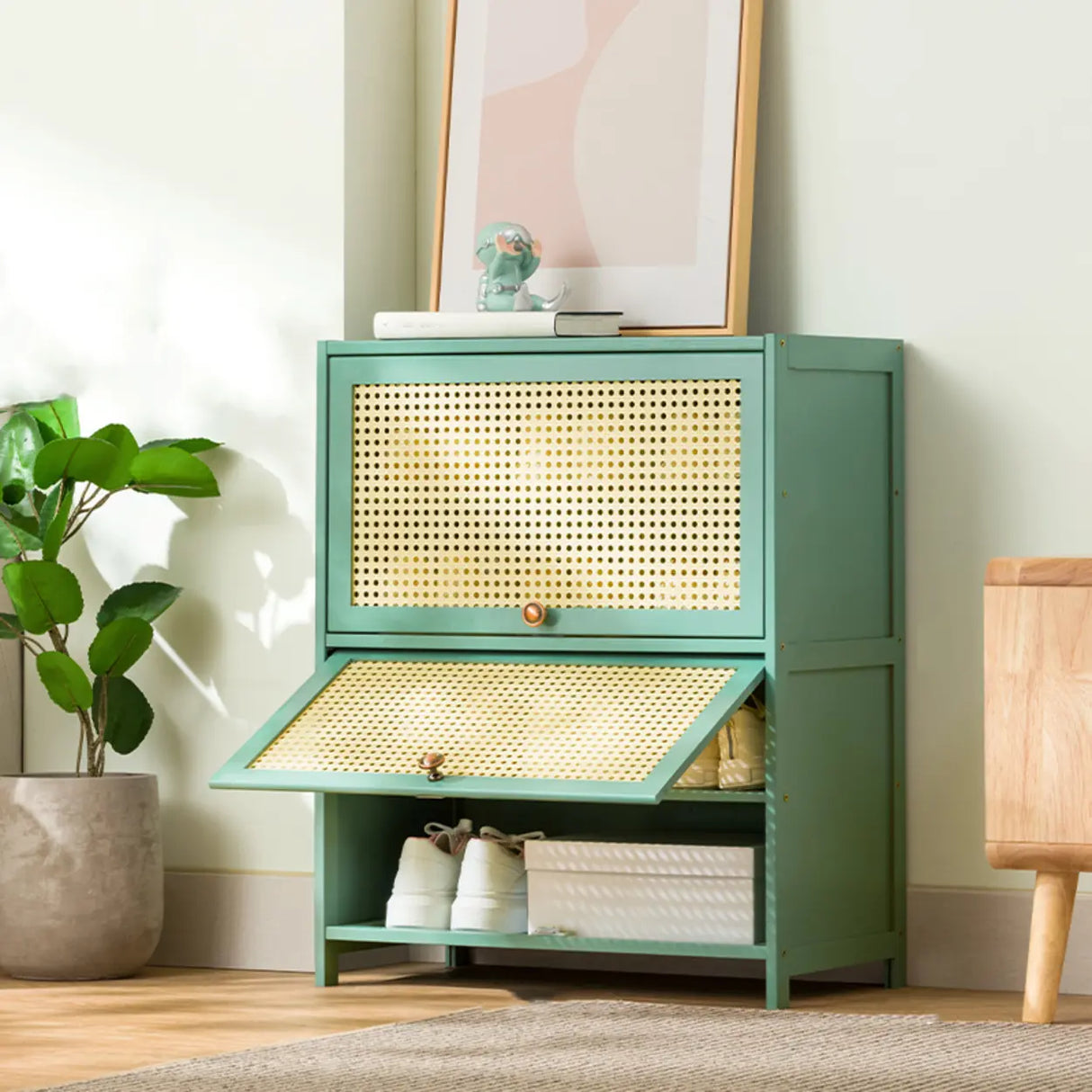 Bohemian Rattan Metal Entryway Green Drop Front Shoe Storage Image - 5