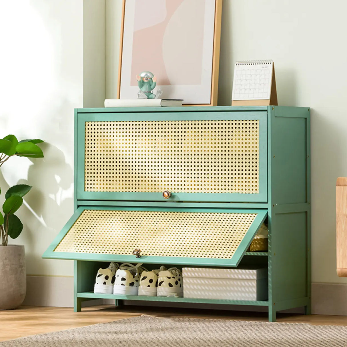Bohemian Rattan Metal Entryway Green Drop Front Shoe Storage Image - 7