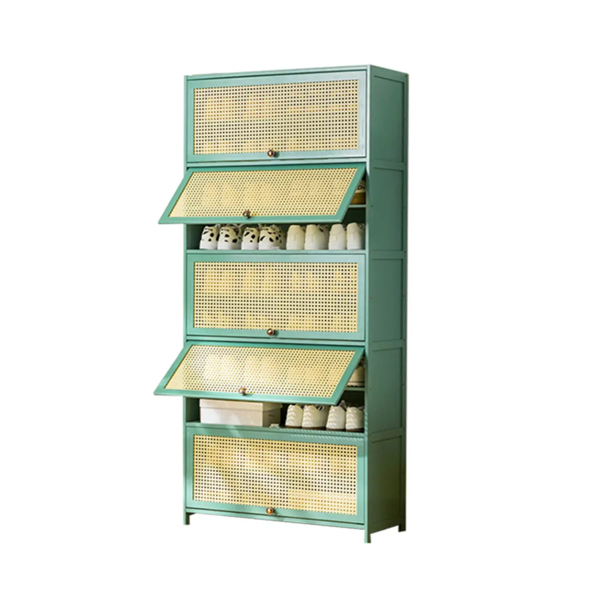 Bohemian Rattan Metal Entryway Green Drop Front Shoe Storage Image - 9
