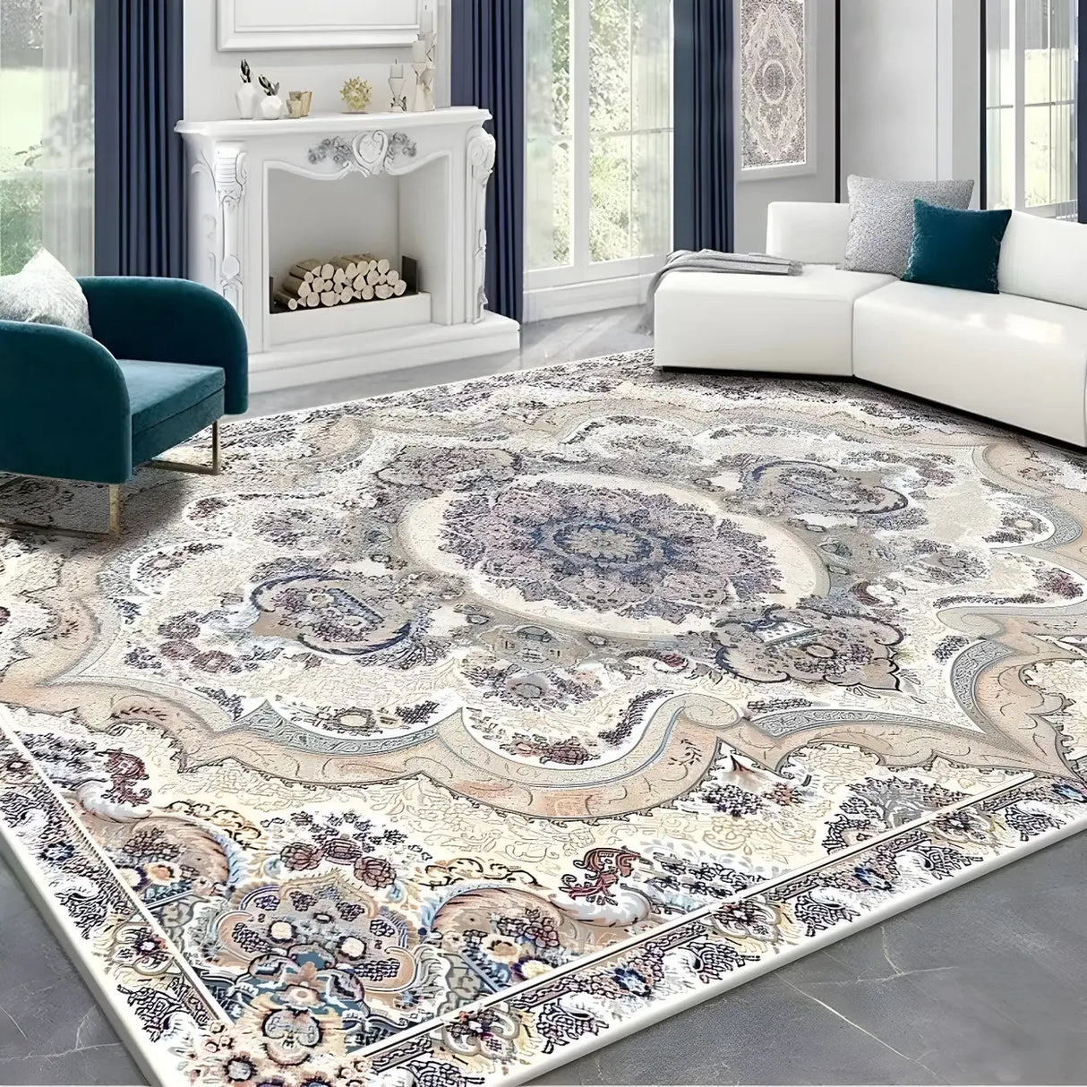 Bohemian Rectangle Polyester Apricot Floral Area Rug Image - 1