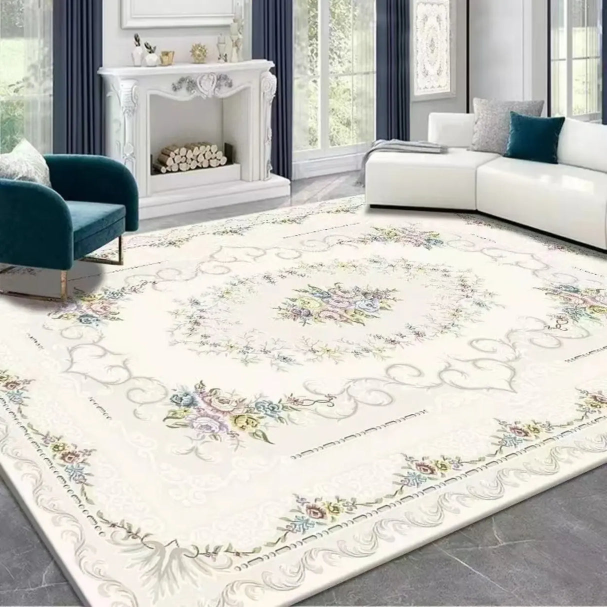Bohemian Rectangle Polyester Apricot Floral Area Rug Image - 4