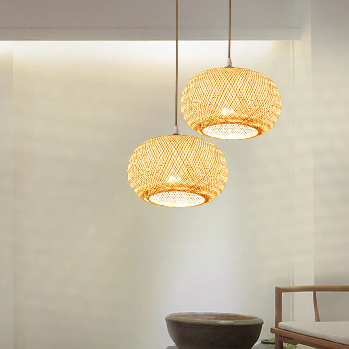 Woven Bamboo Pendant Light Adjustable Height Image - 6