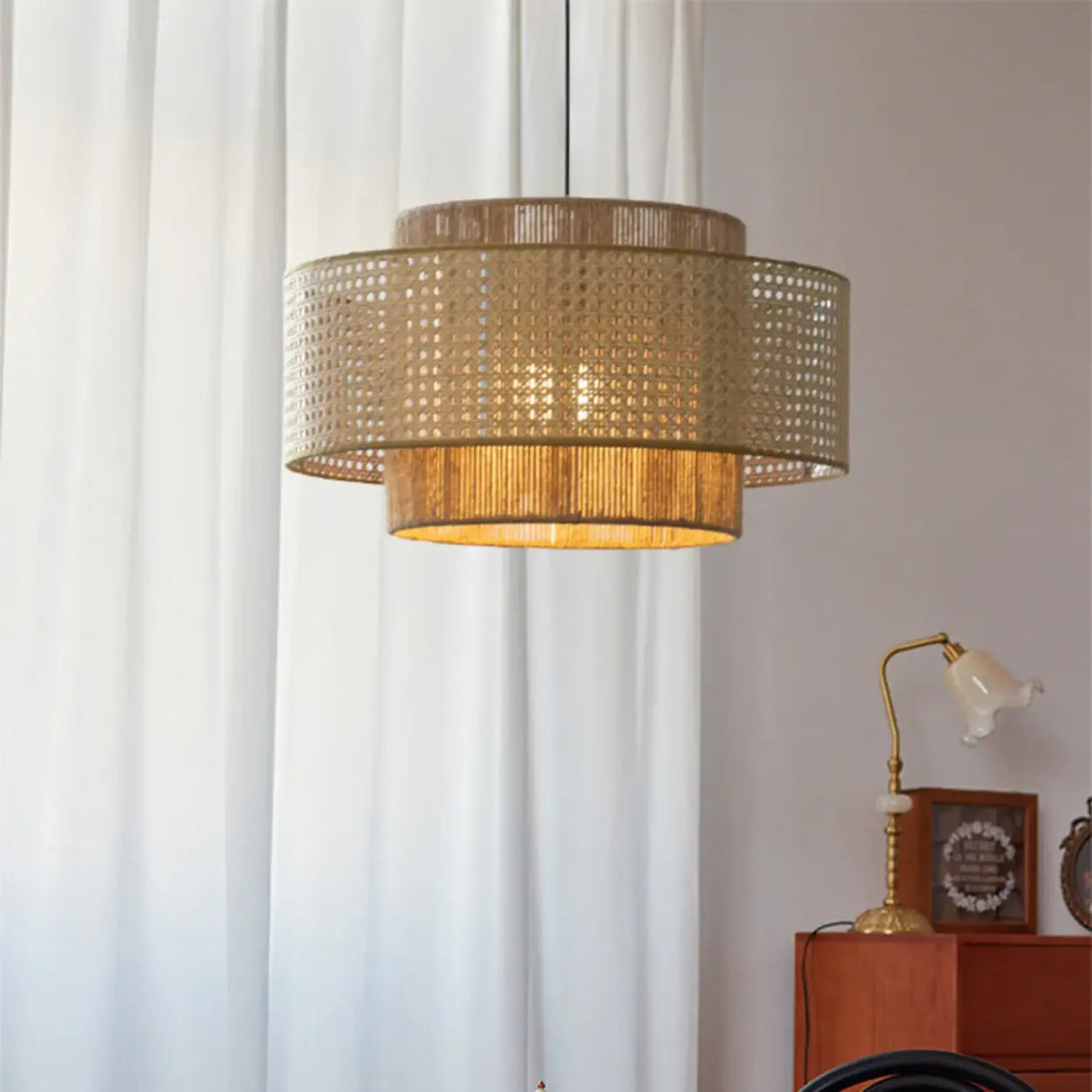 Bohemian Rustic Tiered Rattan Drum Dining Room Chandelier Image - 1