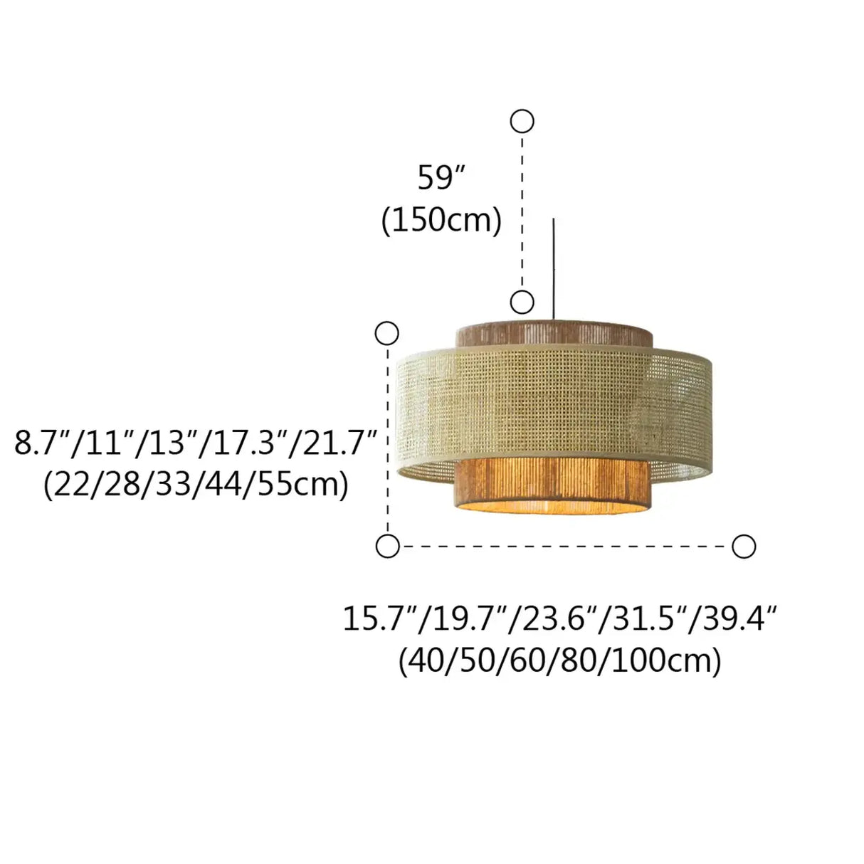 Bohemian Rustic Tiered Rattan Drum Dining Room Chandelier