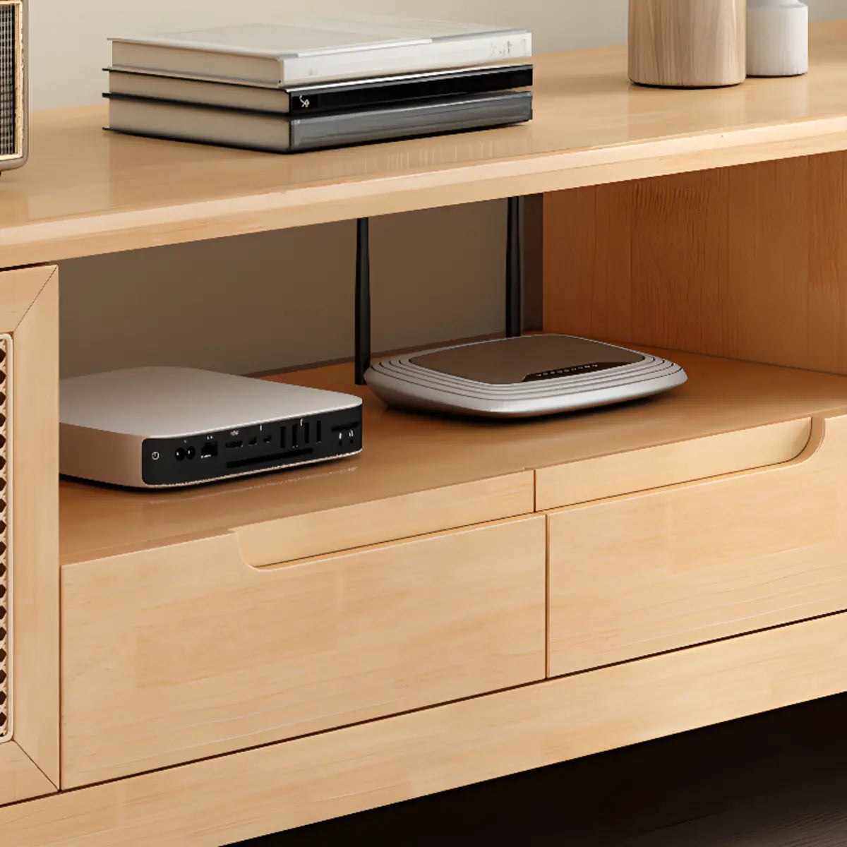 Bohemian Wood Rectangle Open Storage Cabinet TV Stand Image - 14