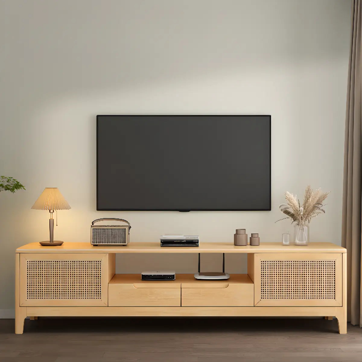 Bohemian Wood Rectangle Open Storage Cabinet TV Stand Image - 4