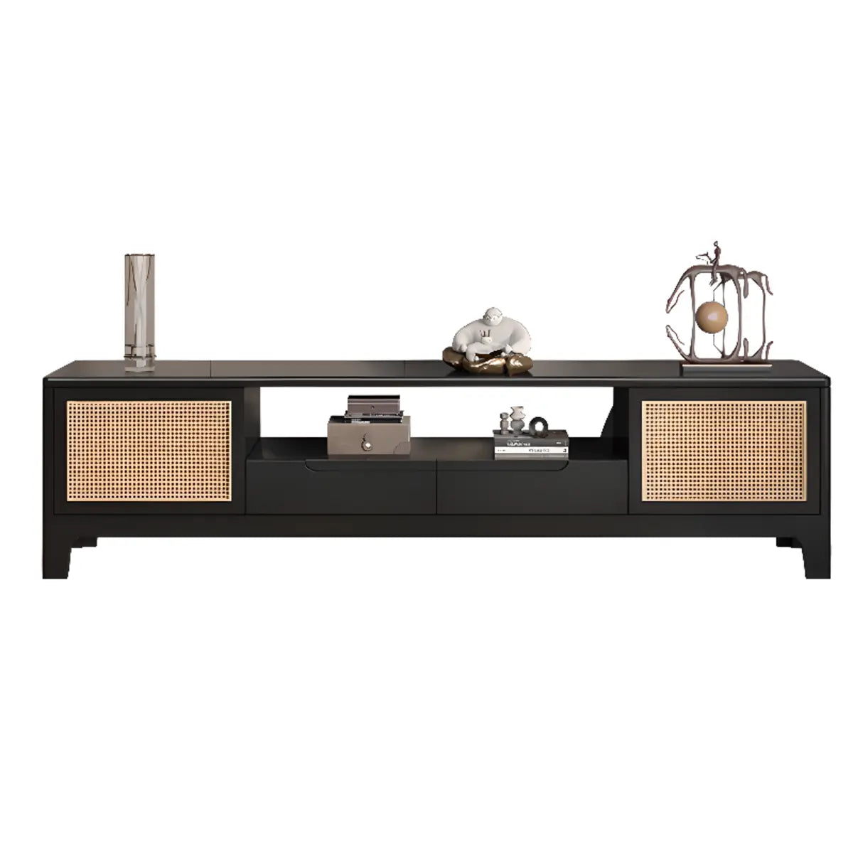 Bohemian Wood Rectangle Open Storage Cabinet TV Stand Image - 5