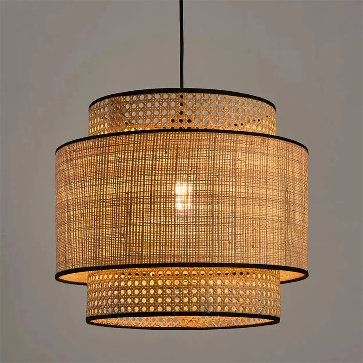 Bohemian Woven Bamboo Double Layer Drum Pendant Light Image - 6