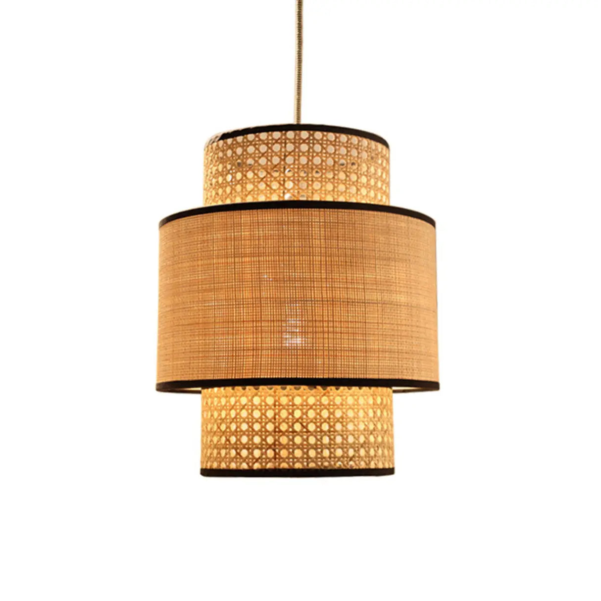 Bohemian Woven Bamboo Double Layer Drum Pendant Light Image - 7