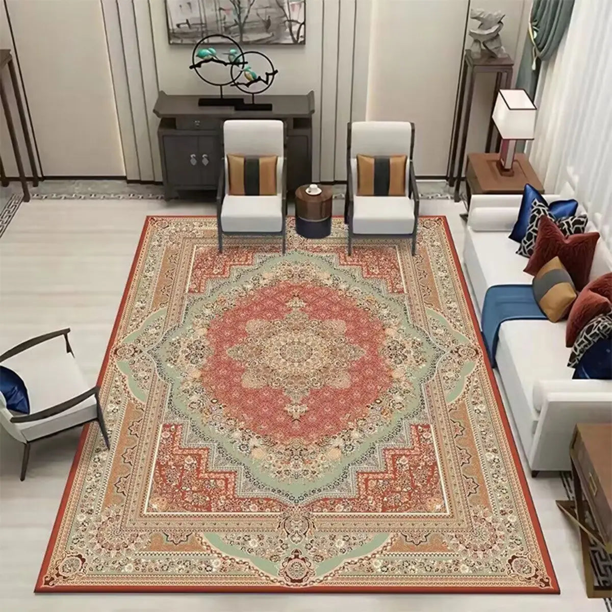 Boho-Chic Geometric Pattern Synthetic Red Area Rug Image - 6