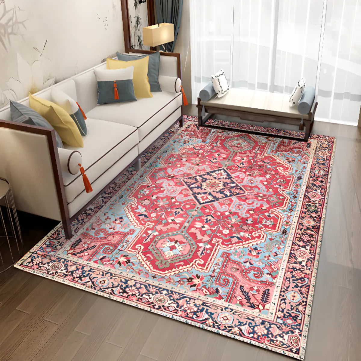 Boho-chic Rectangular Red Living Room Area Rug Image - 1