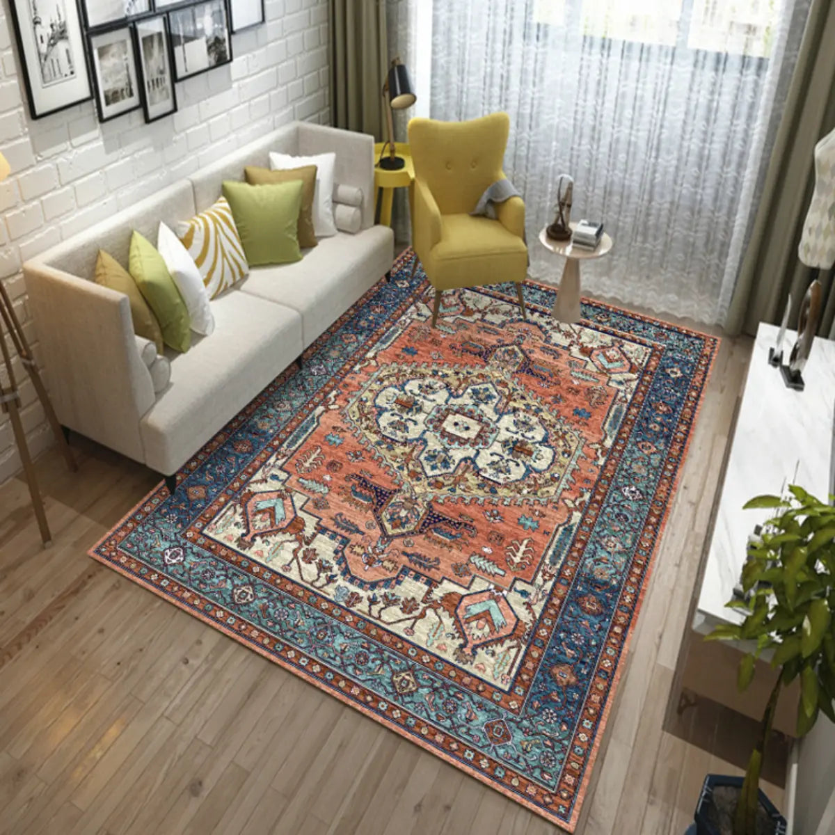 Boho-chic Rectangular Red Living Room Area Rug Image - 2