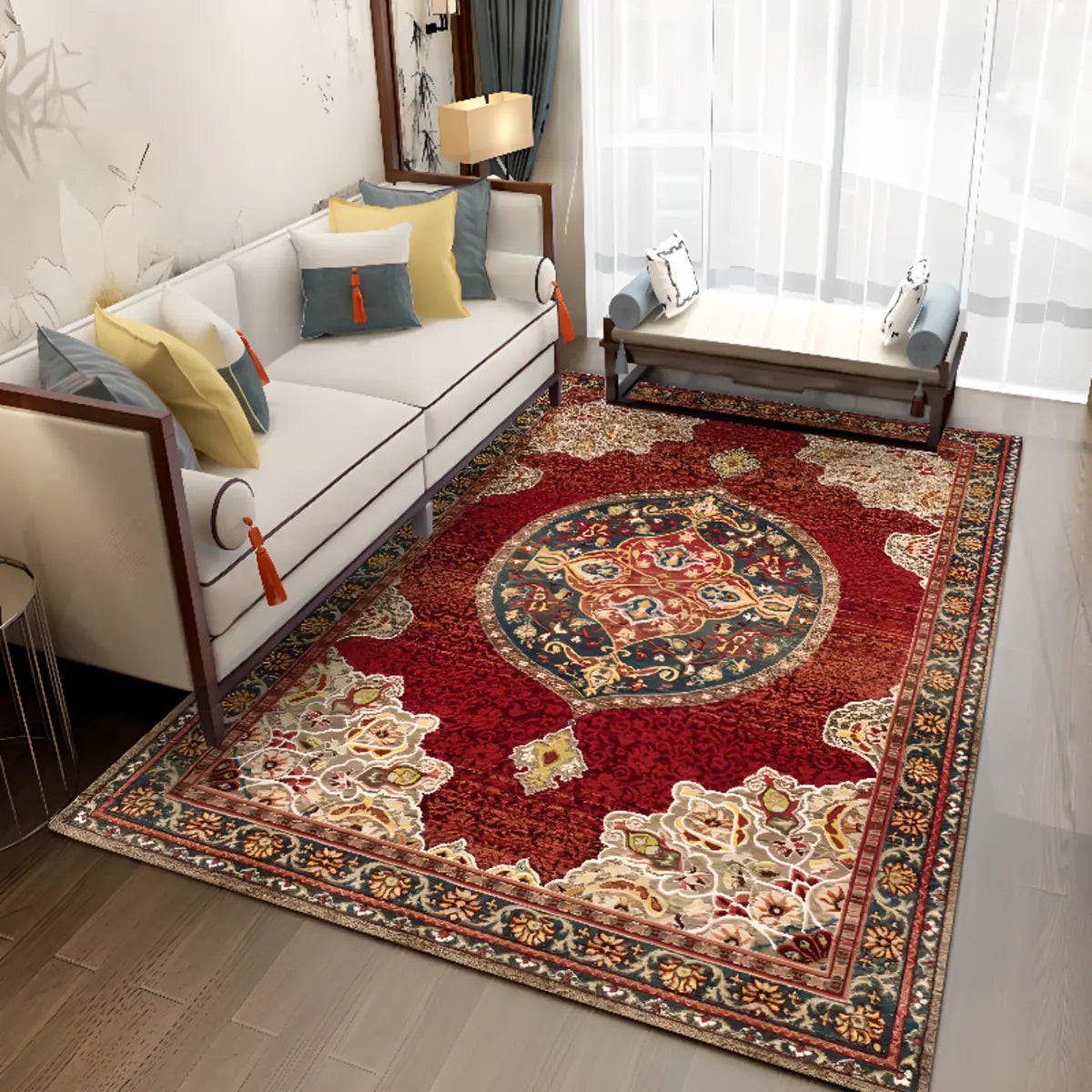 Boho-chic Rectangular Red Living Room Area Rug Image - 3
