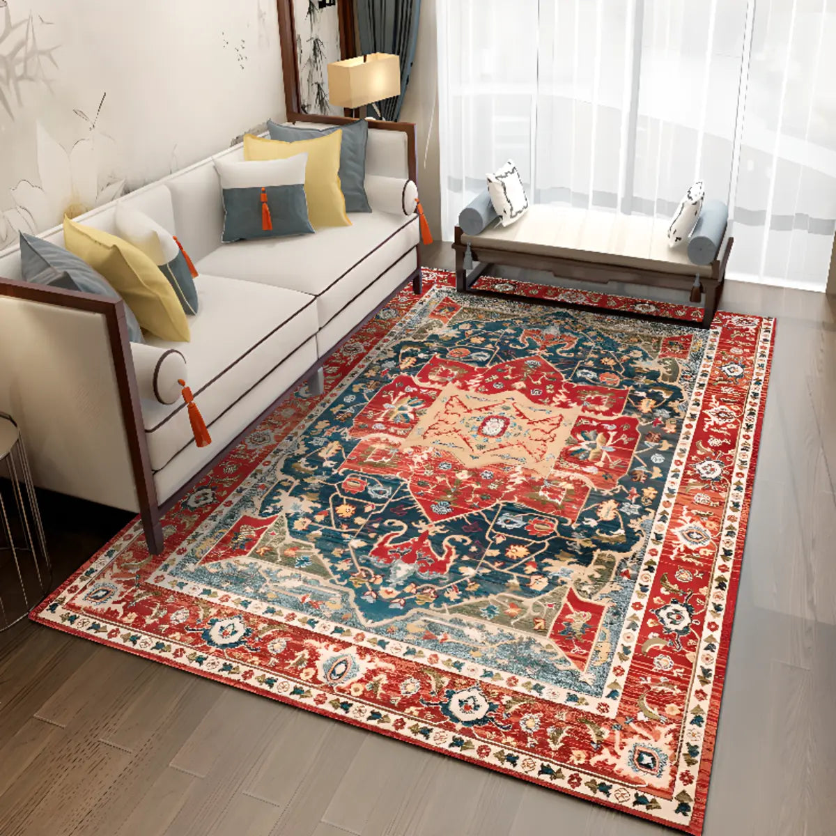 Boho-chic Rectangular Red Living Room Area Rug Image - 4