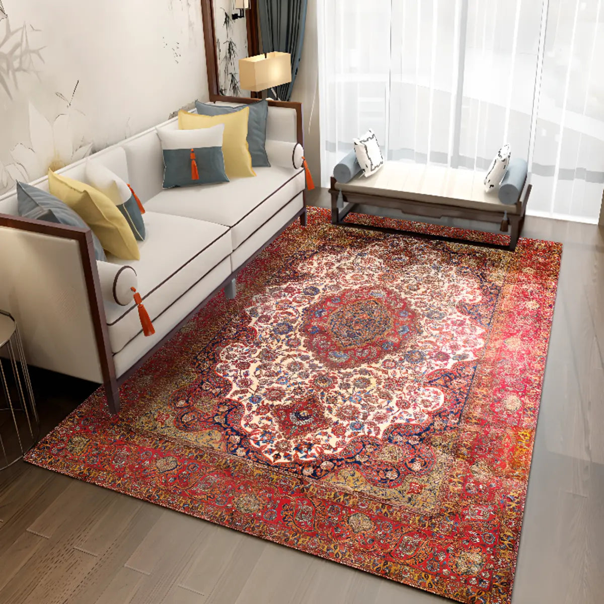 Boho-chic Rectangular Red Living Room Area Rug Image - 5