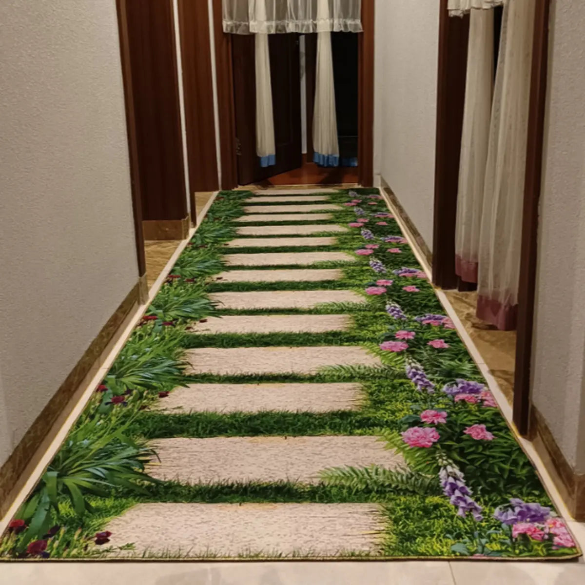 Botanical Rectangular Fabric Green Hallway Area Rug Image - 14