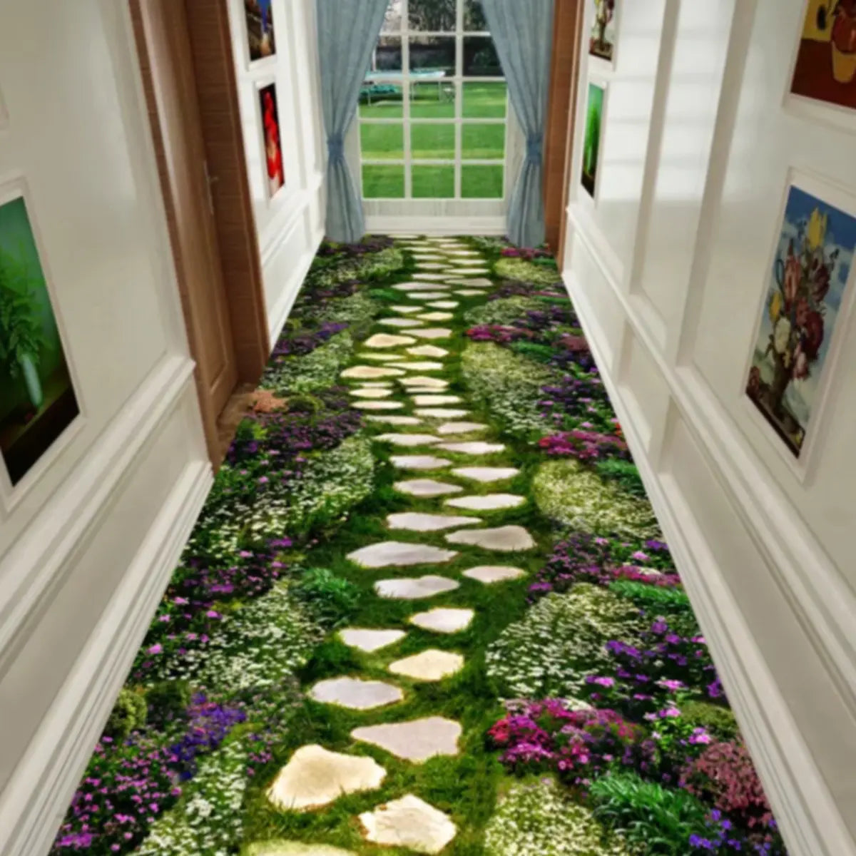 Botanical Rectangular Fabric Green Hallway Area Rug Image - 15