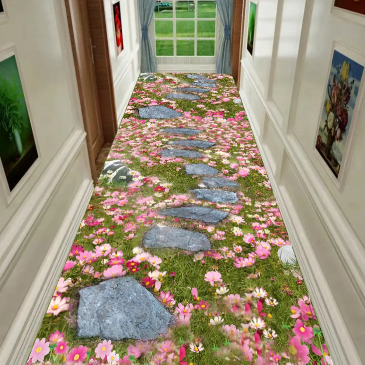 Botanical Rectangular Fabric Green Hallway Area Rug Image - 16