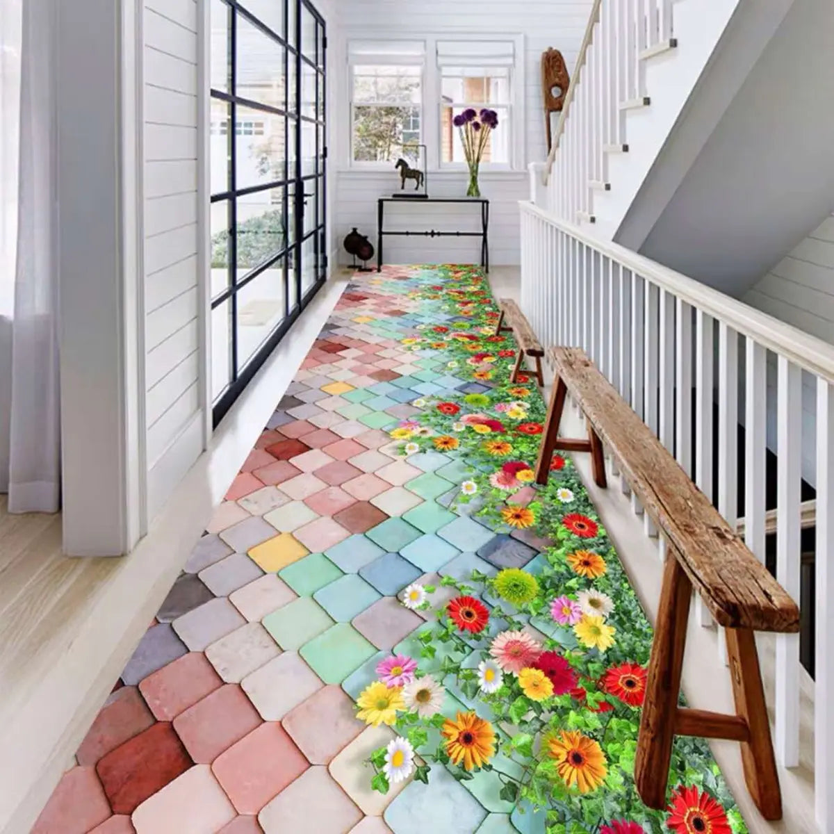 Botanical Rectangular Fabric Green Hallway Area Rug Image - 2